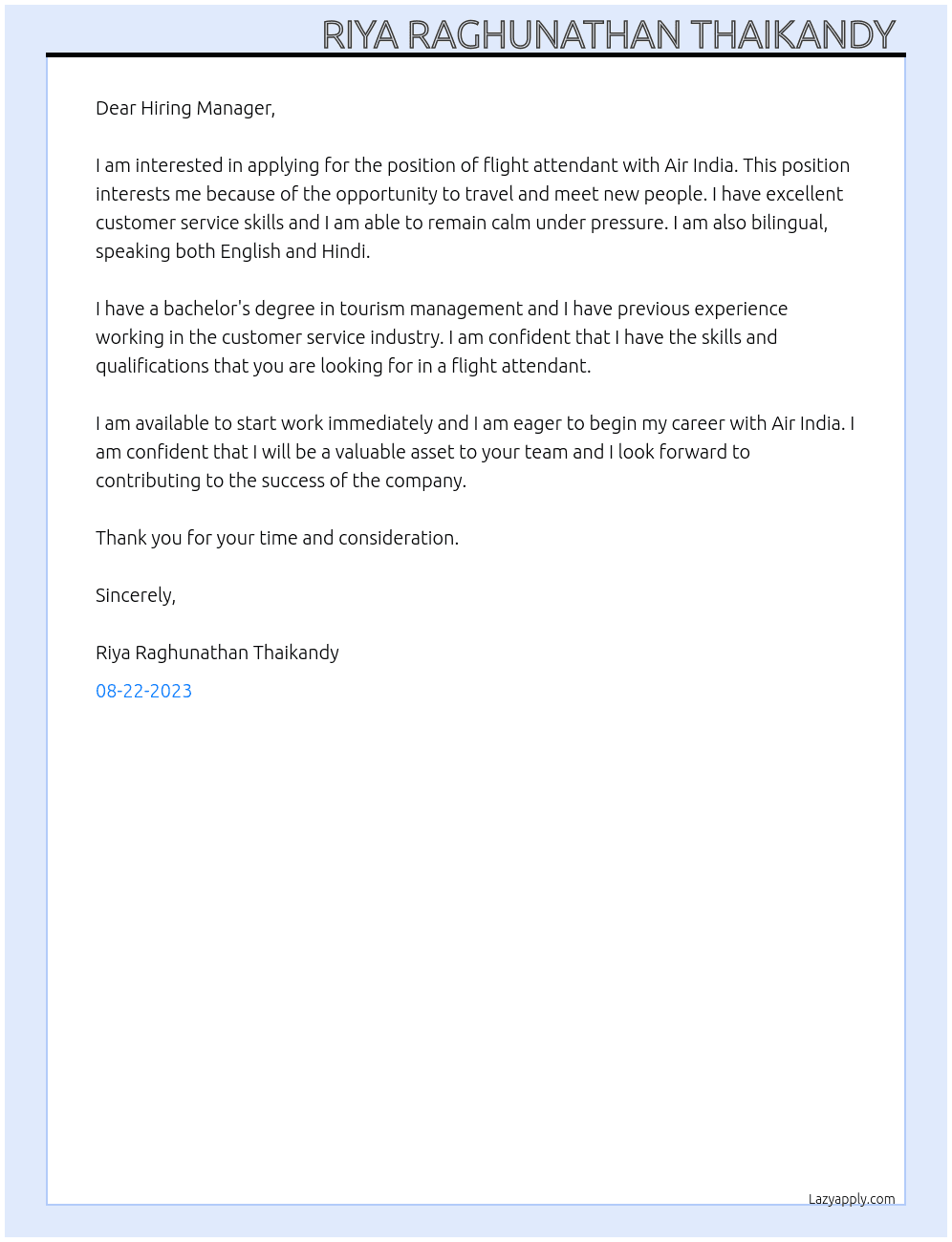 Flight attendant At Air india Cover Letter