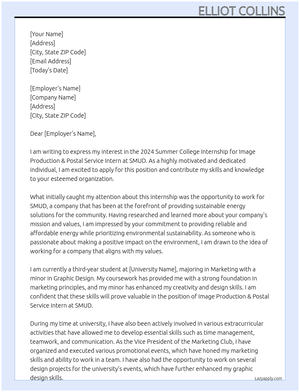 2024 Summer College Internship - Image Production & Postal Service Intern At SMUD Cover Letter