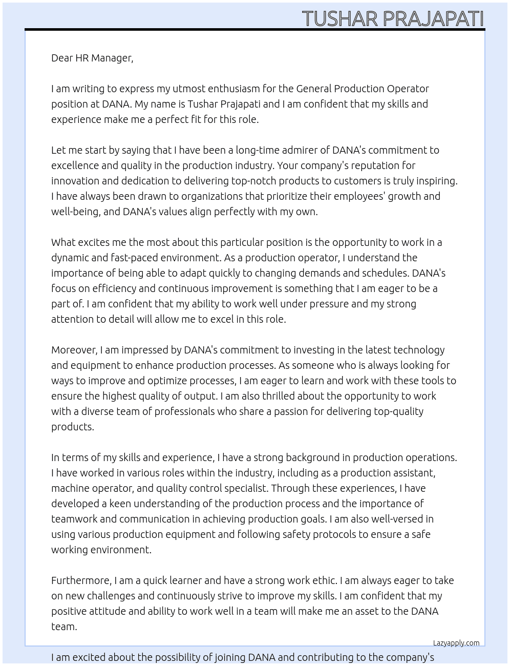 general production operator At DANA Cover Letter