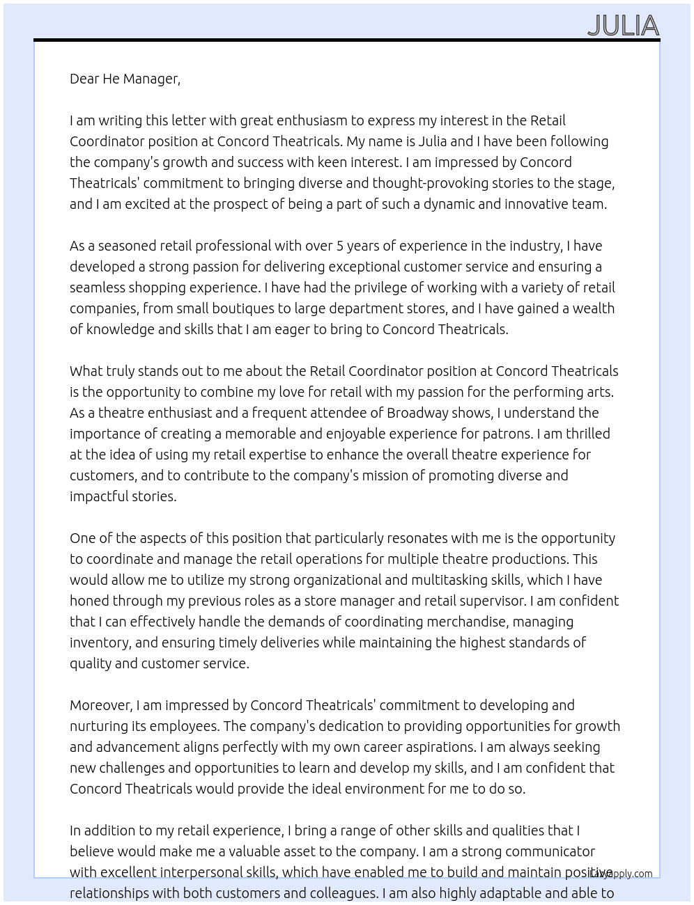 Retail coordinator  At Concord theatricals Cover Letter