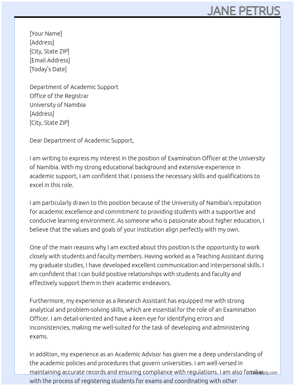 Examination officer At University of Namibia Cover Letter