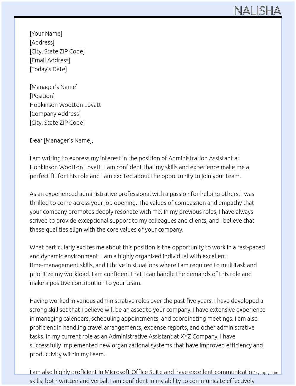 Administration assistant  At Hopkinson Wootton Lovatt  Cover Letter
