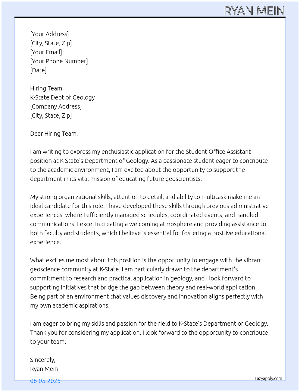 Cover letter for student – office assistant - LazyApply