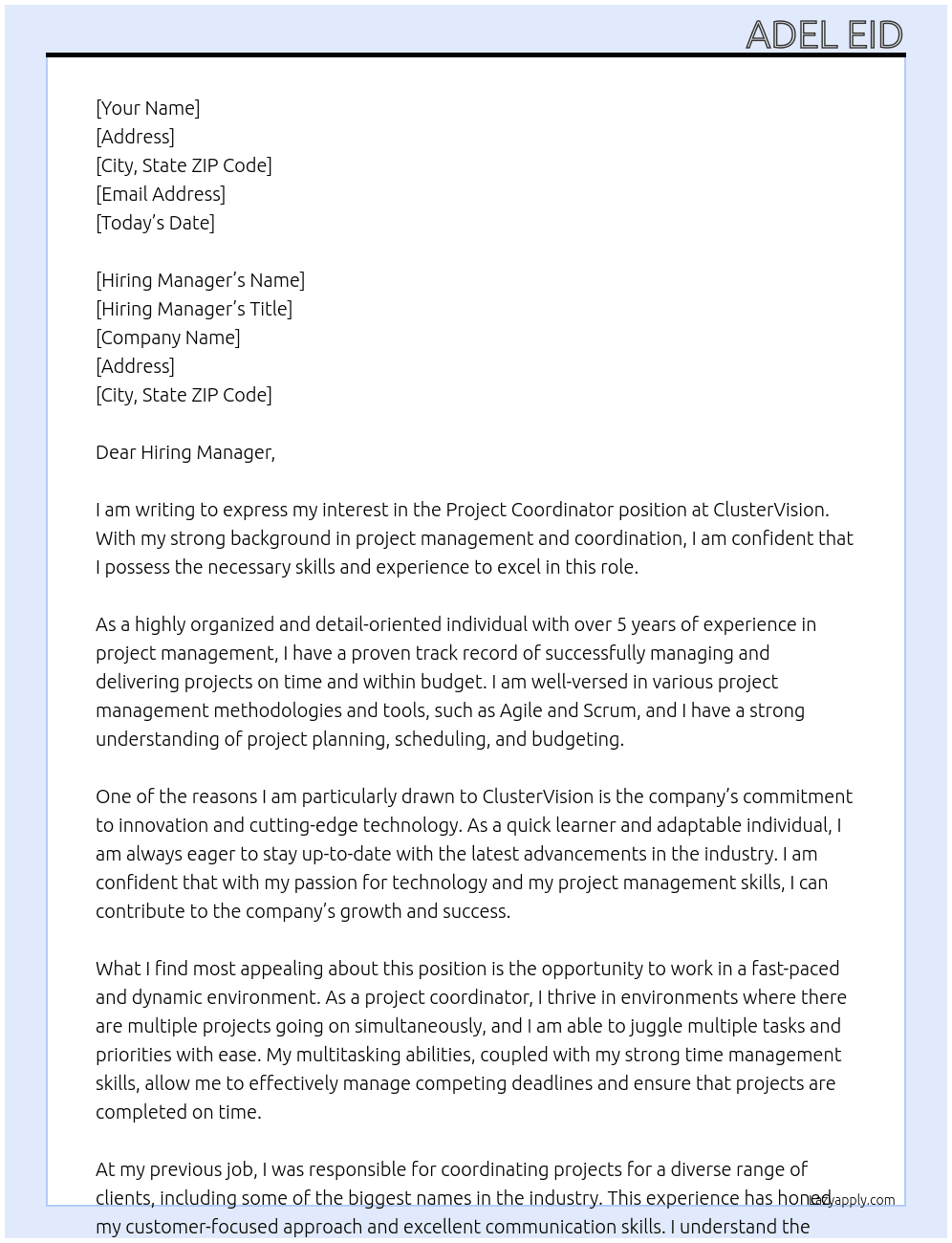 Project Coordinator At ClusterVision Cover Letter