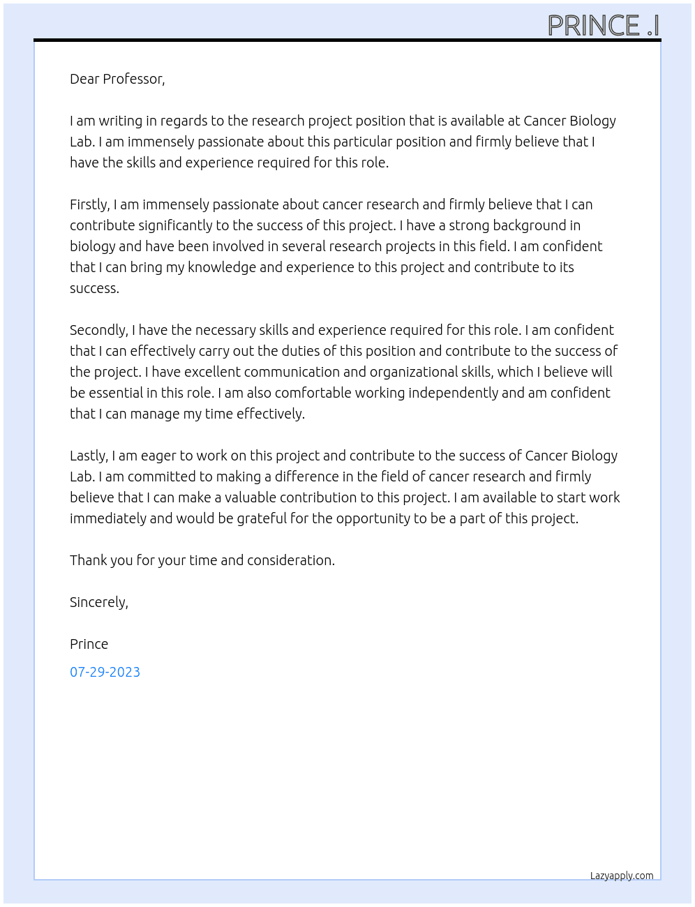 research project At CANCER BIOLOGY LAB Cover Letter