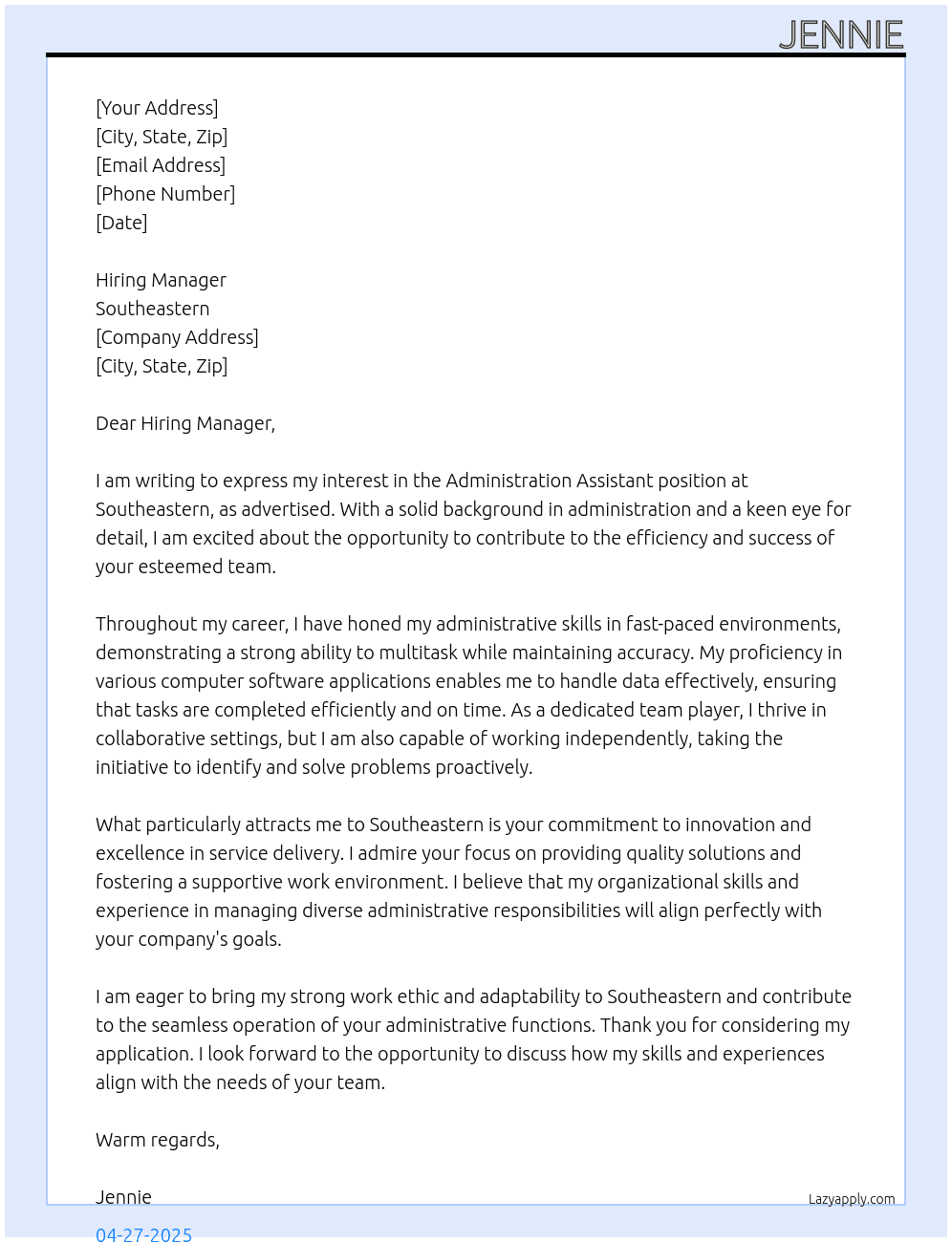 Administration Assistant At Southeastern Cover Letter