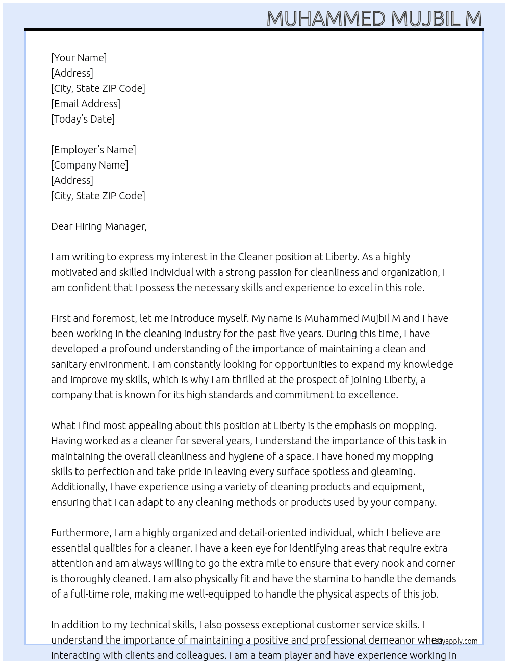 Cleaner  At Liberty  Cover Letter