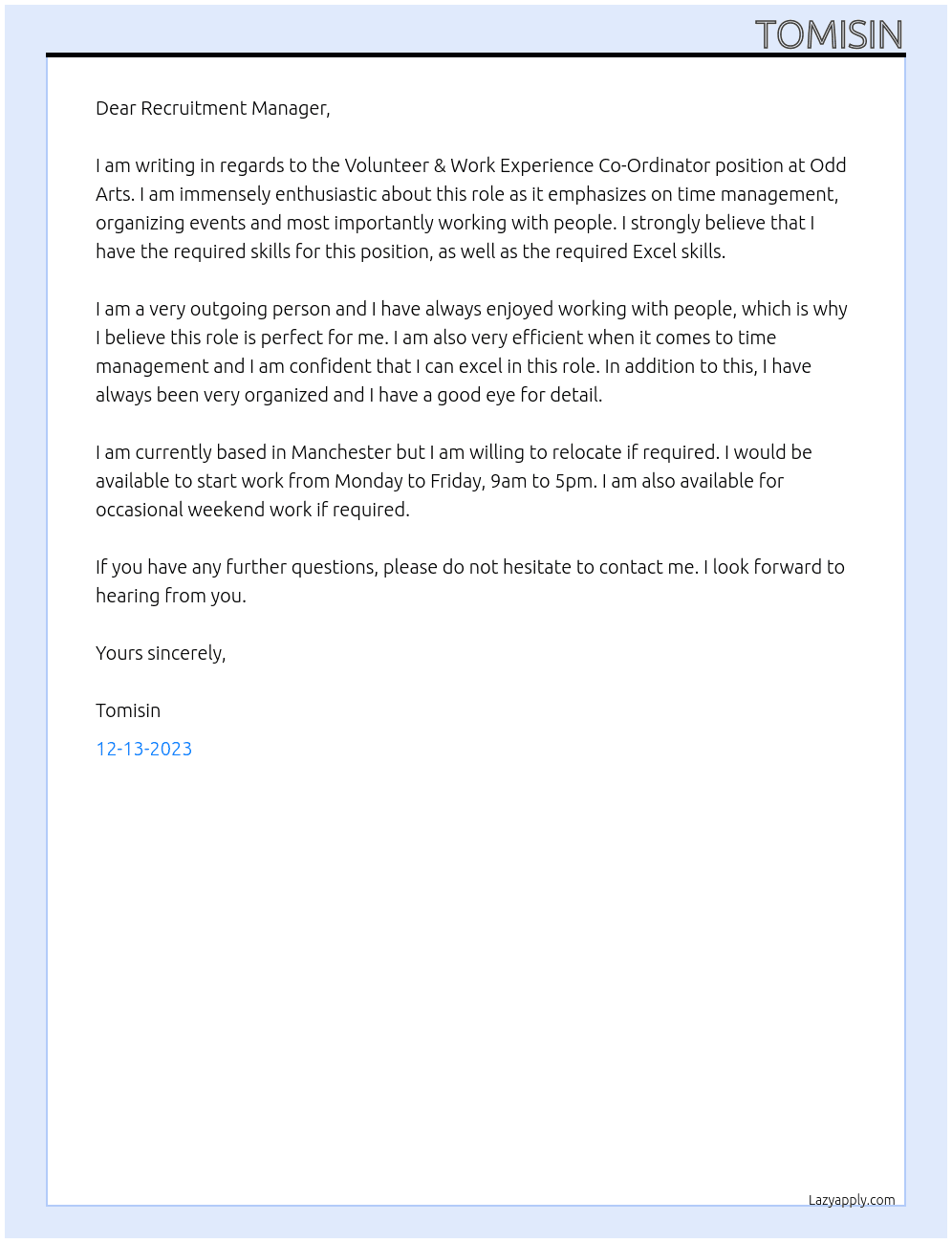 Volunteer & Work Experience Co-Ordinator At Odd Arts Cover Letter