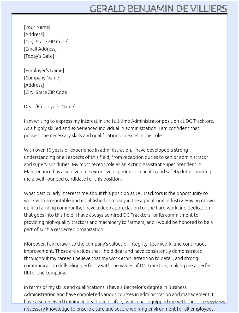 Administrator, Reception, Driver & Maintenance worker  At Administrator Cover Letter