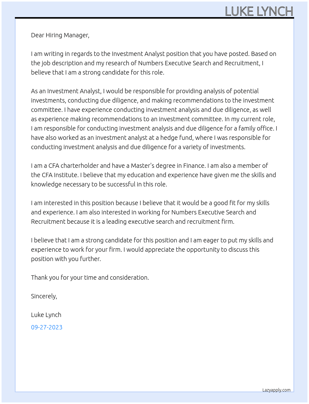 Investment Analyst At Numbers Exective Search and Recruitment Cover Letter