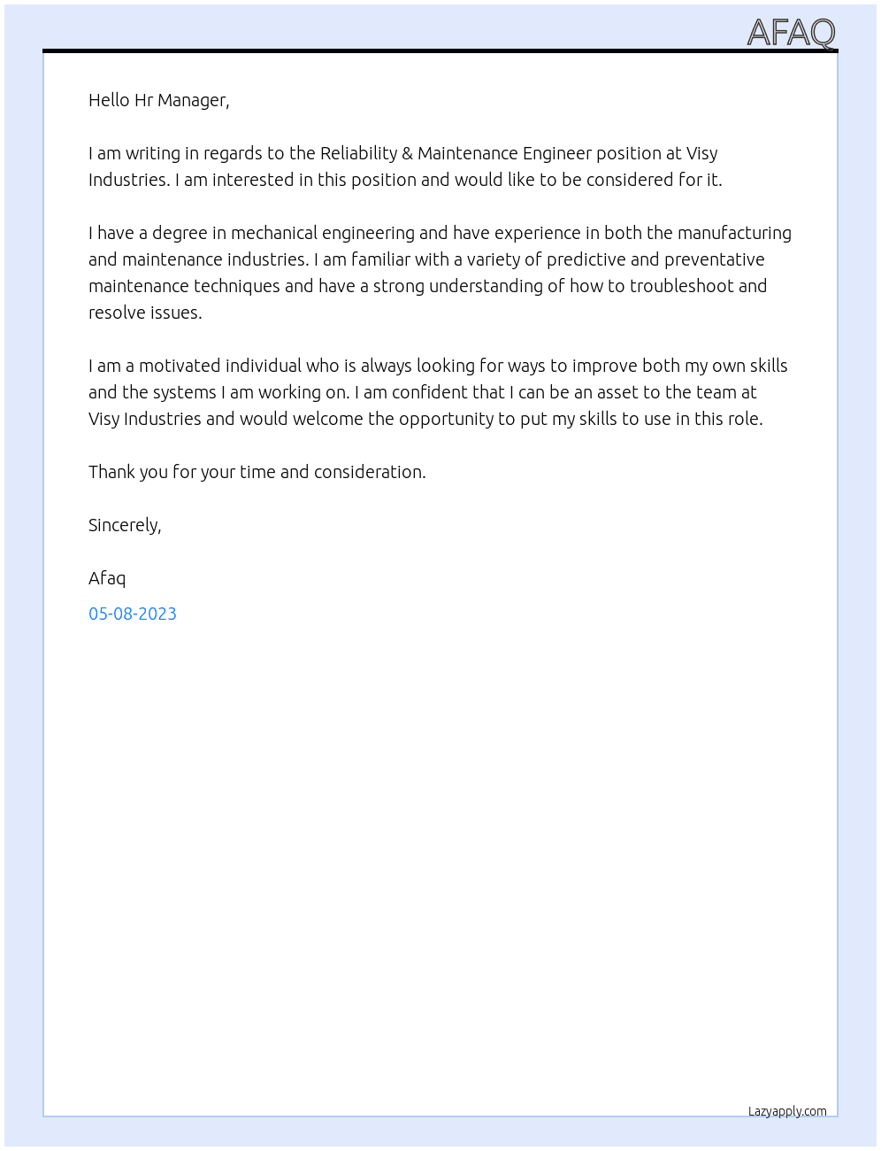 Reliability & Maintenance Engineer At Visy Industries Cover Letter