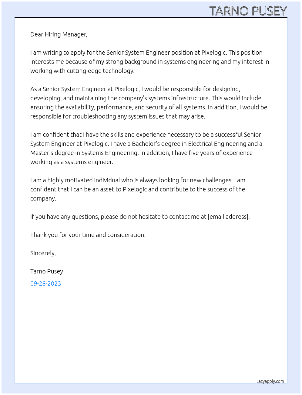 Senior System Engineer At Pixelogic Cover Letter