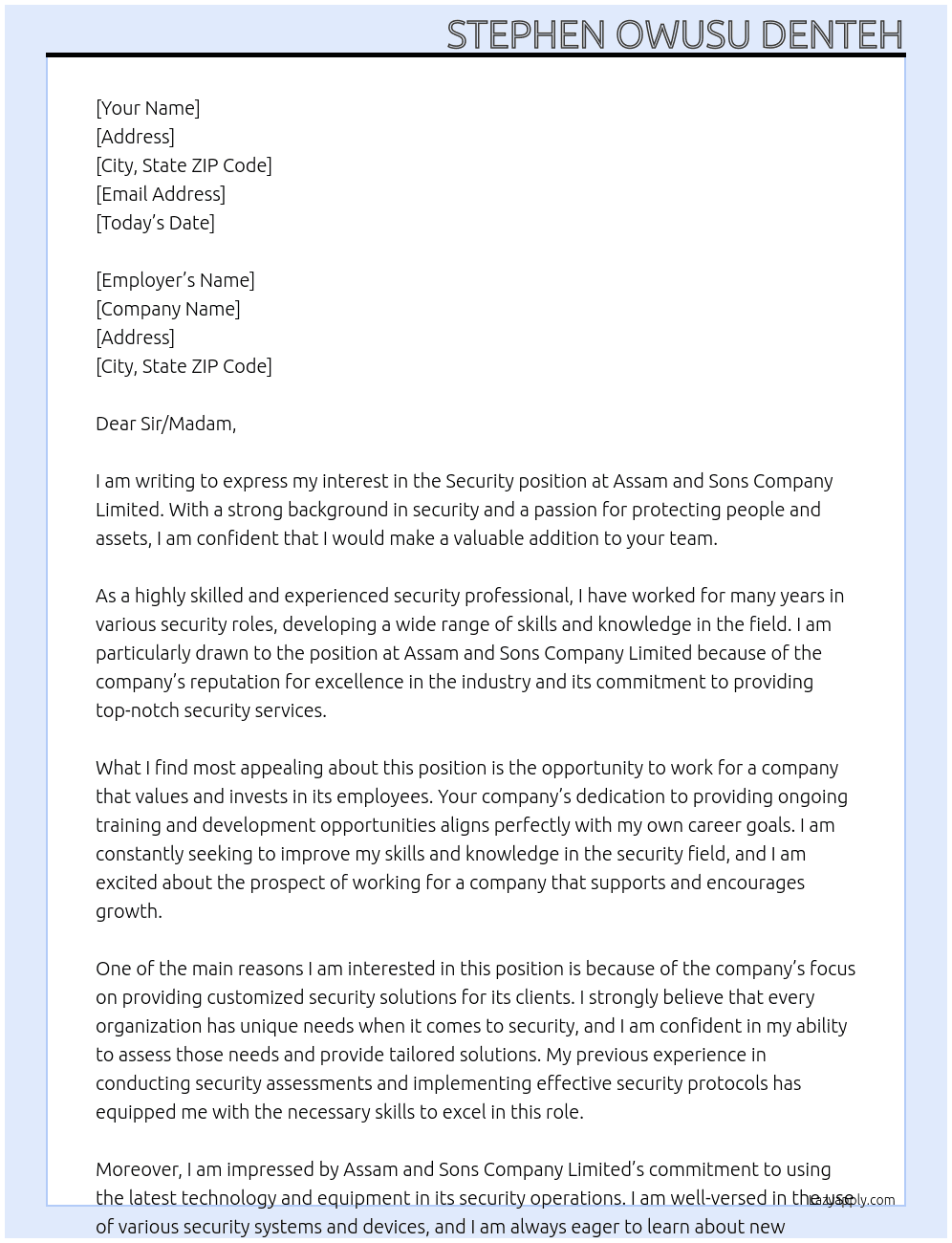 SECURITY At Assam and Sons Company Limited  Cover Letter