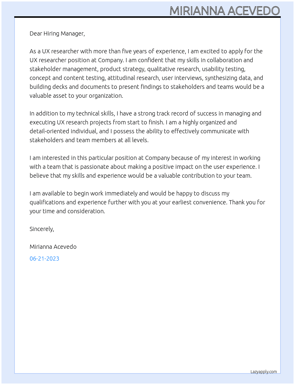 UX Researcher At Company Cover Letter