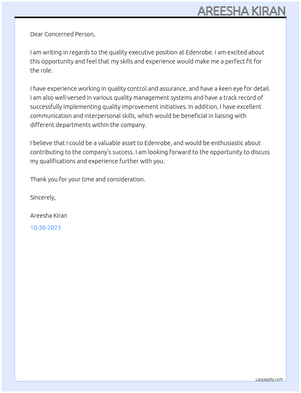 Quality executive At Edenrobe Cover Letter