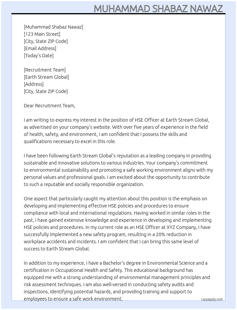 HSE Officer  At Earth Stream Global Cover Letter
