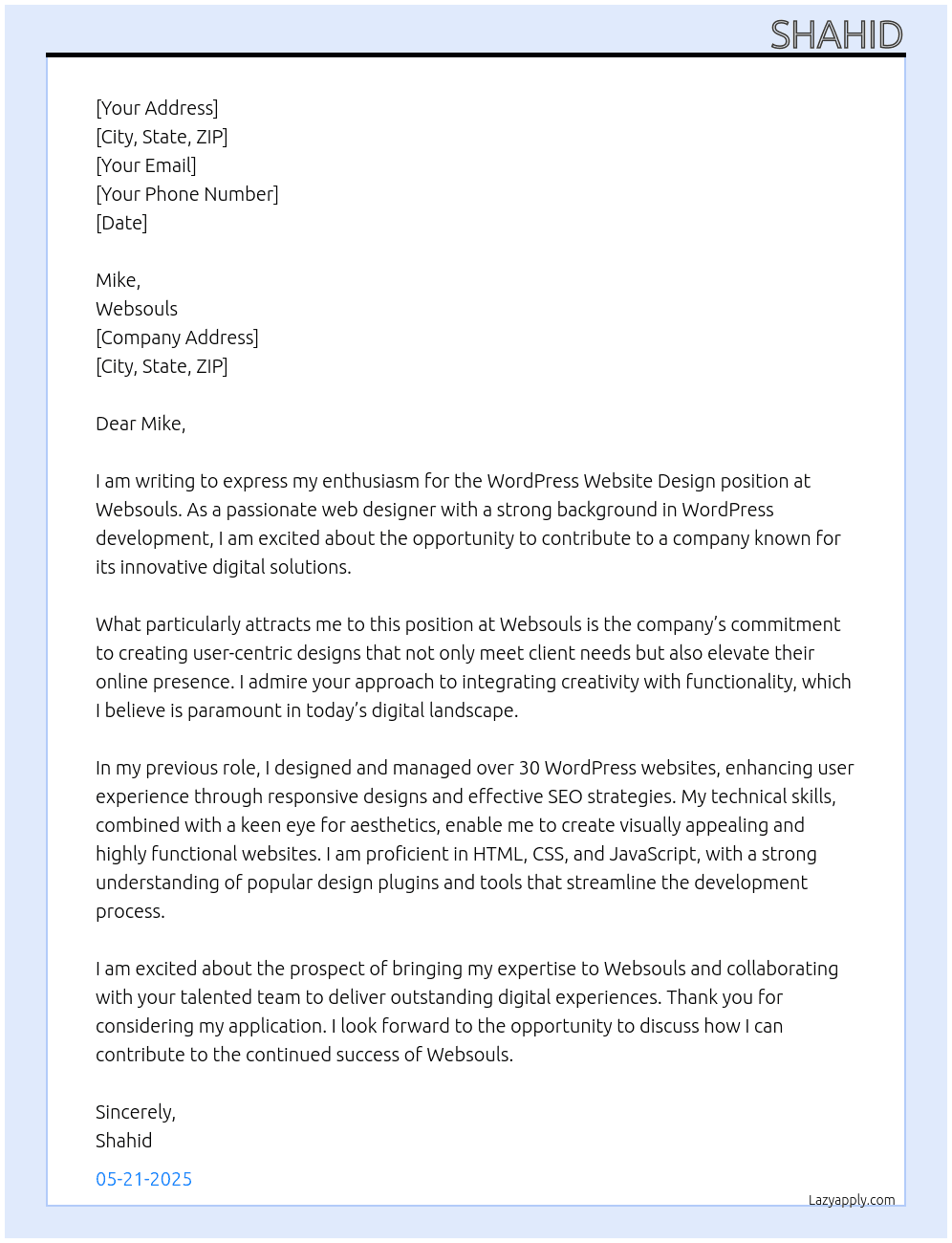 Cover letter for wordpress website design - LazyApply