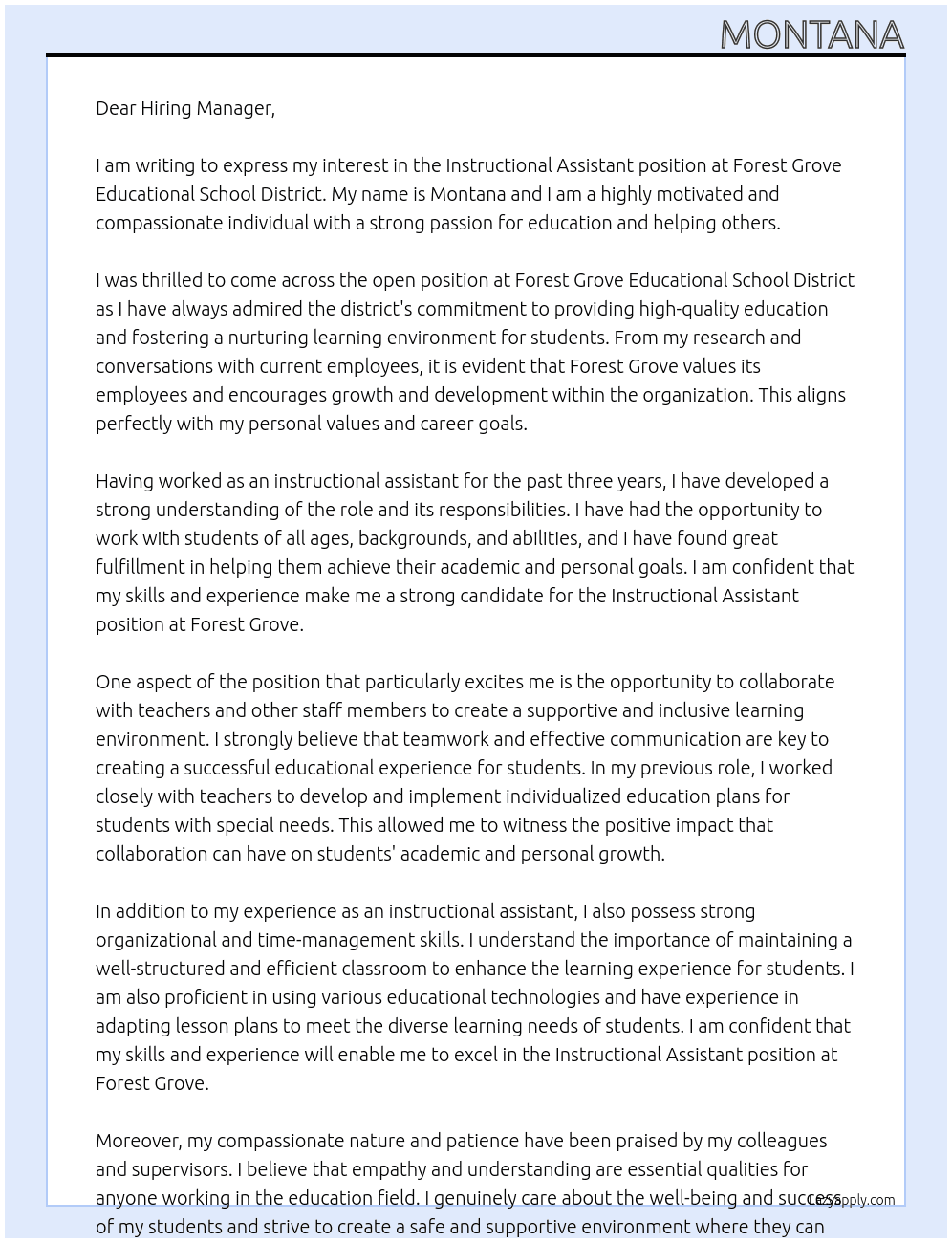 Instructional Assistant At Forest Grove Educational School District Cover Letter