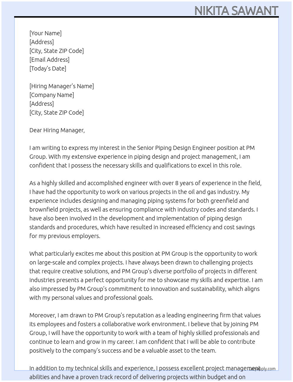 Senior Piping Design Engineer At PM Group Cover Letter