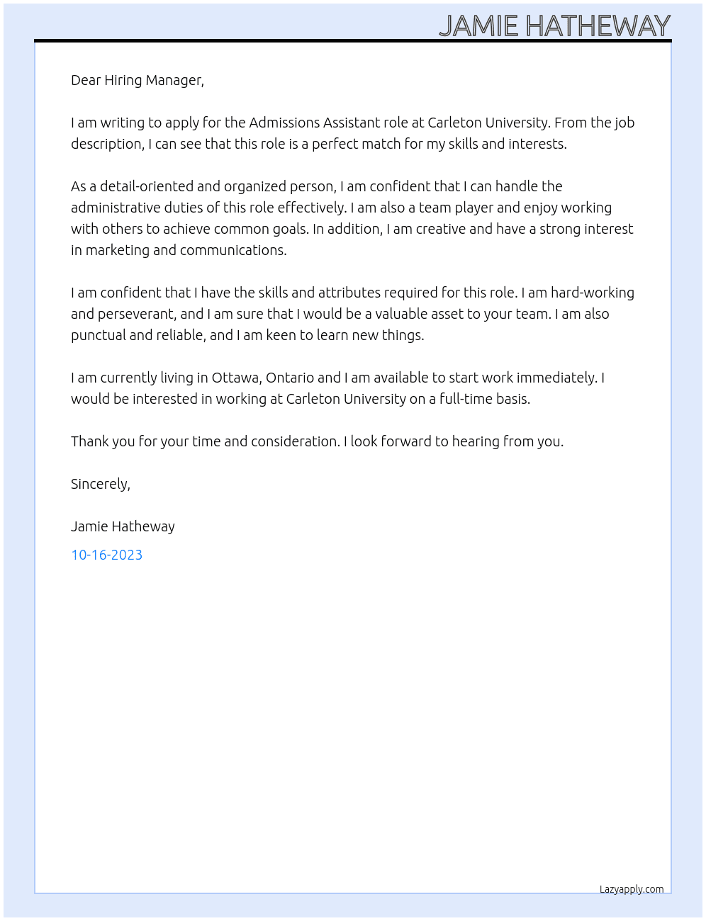 admissions assistant  At Carleton University  Cover Letter