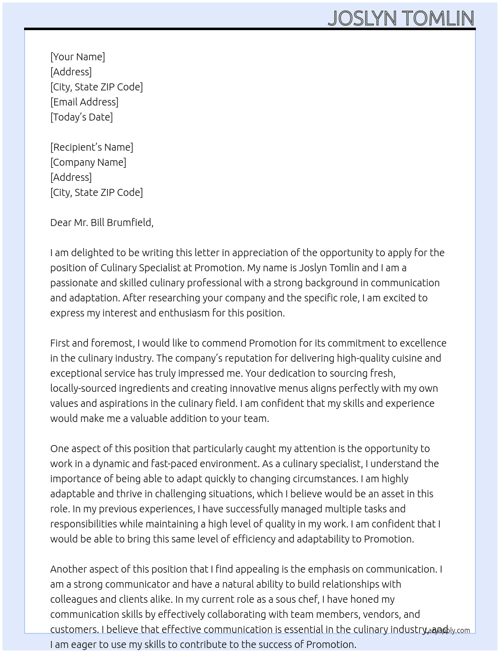 Culinary Specialist At Promotion Cover Letter