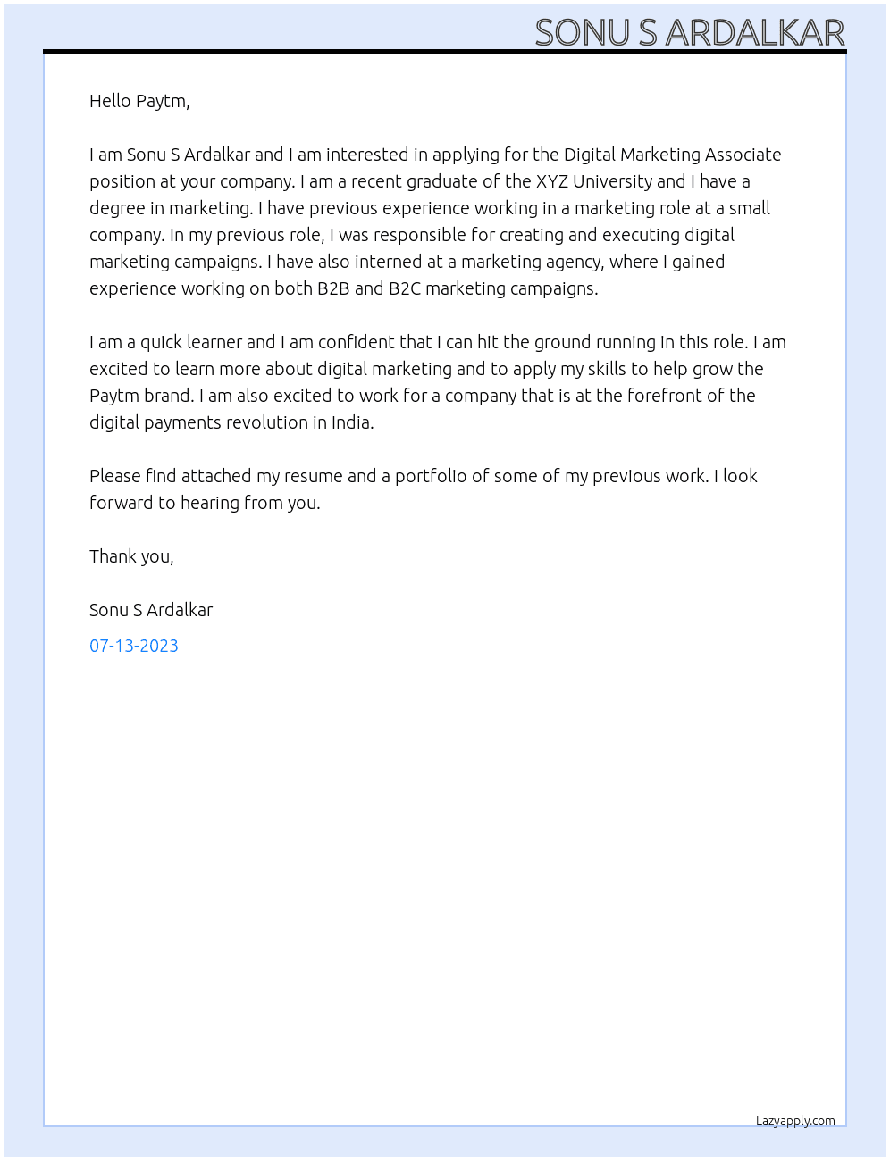 Digital Marketing Associate At Paytm Cover Letter
