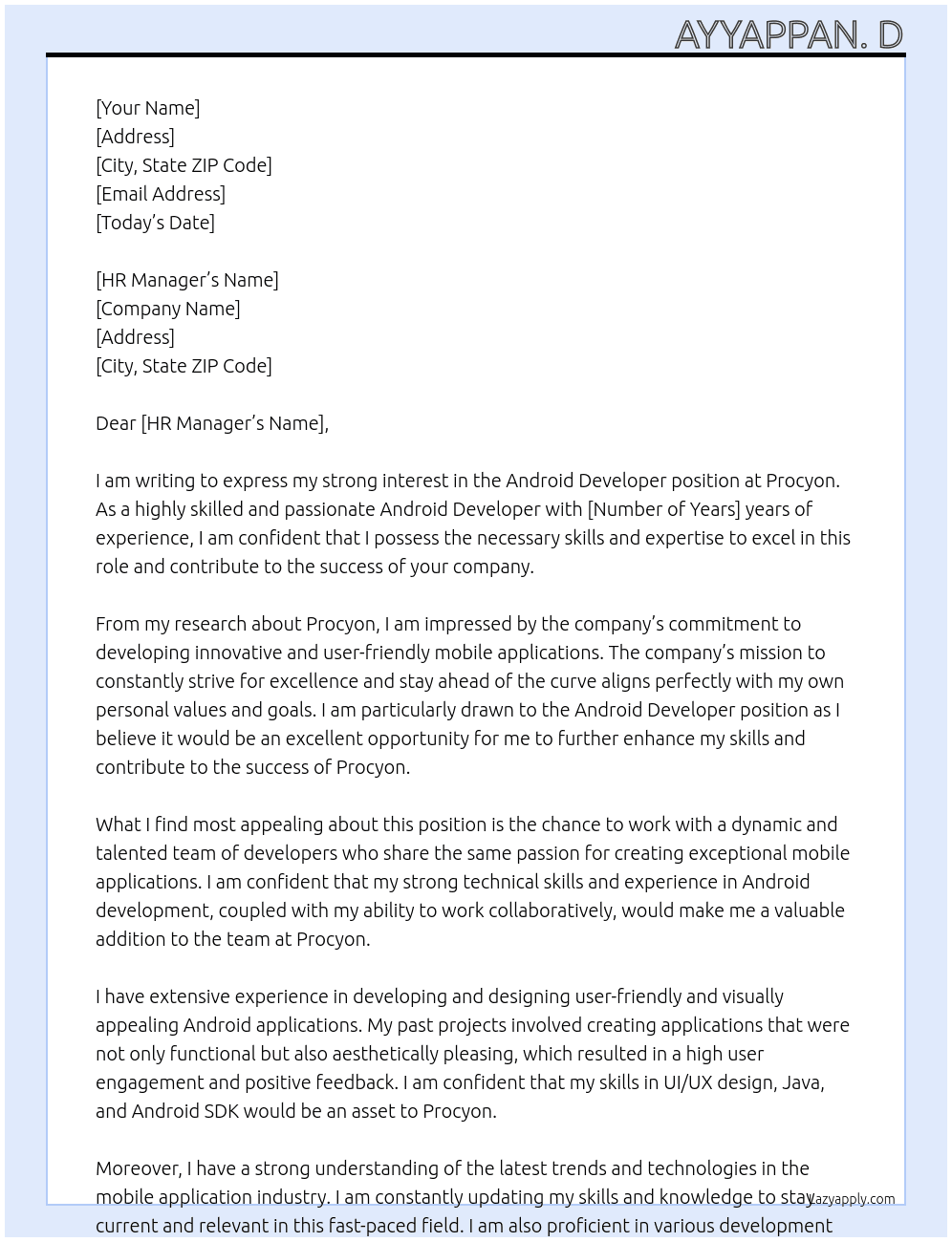 Android developer At Procyon Cover Letter