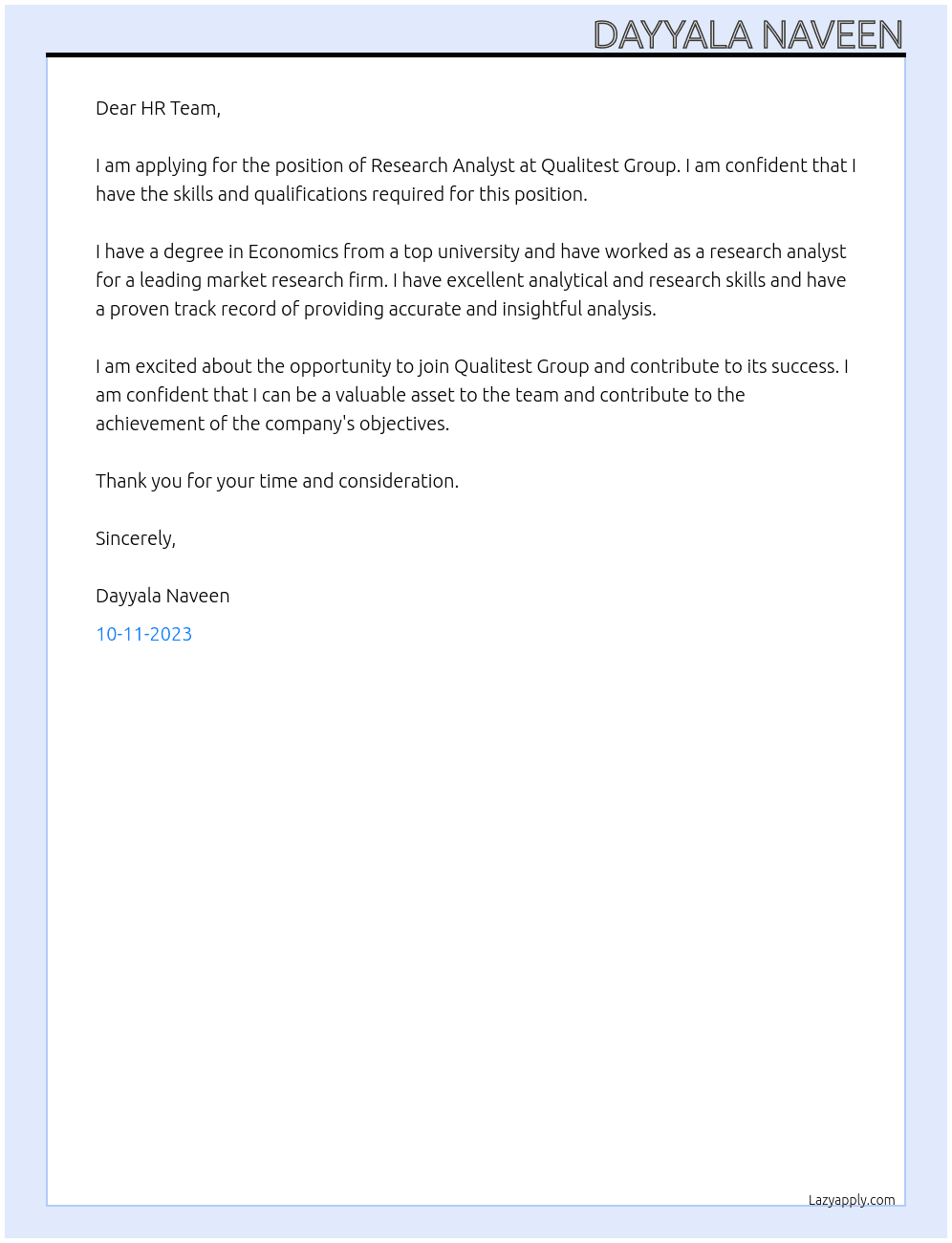 Research Analyst At Qualitest Group Cover Letter