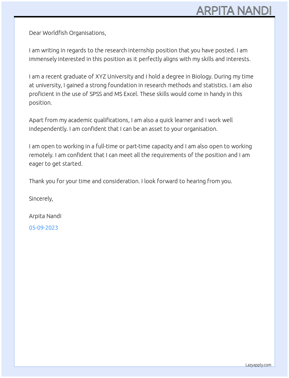 Research Internship  At WorldFish Organisations  Cover Letter