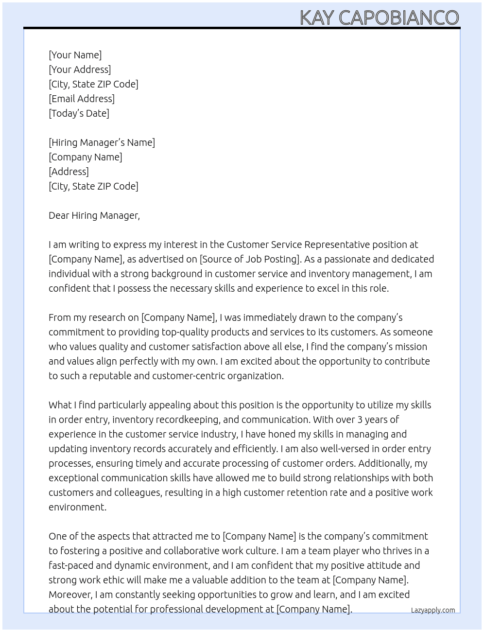 Customer Service Representative At Periodot Supply Cover Letter