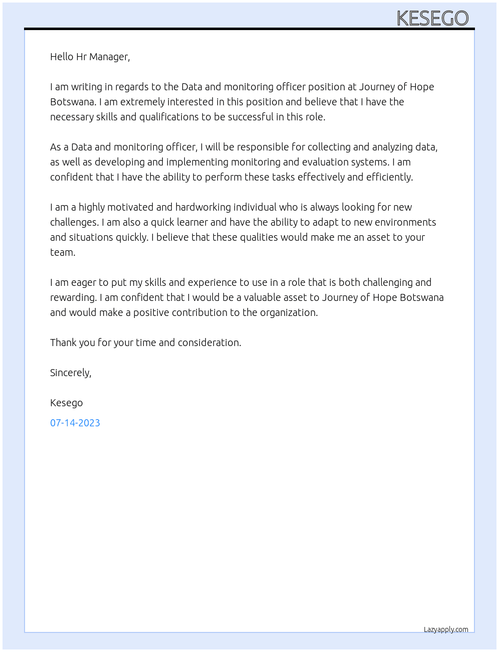 Data and monitoring officer  At Journey of Hope Botswana  Cover Letter