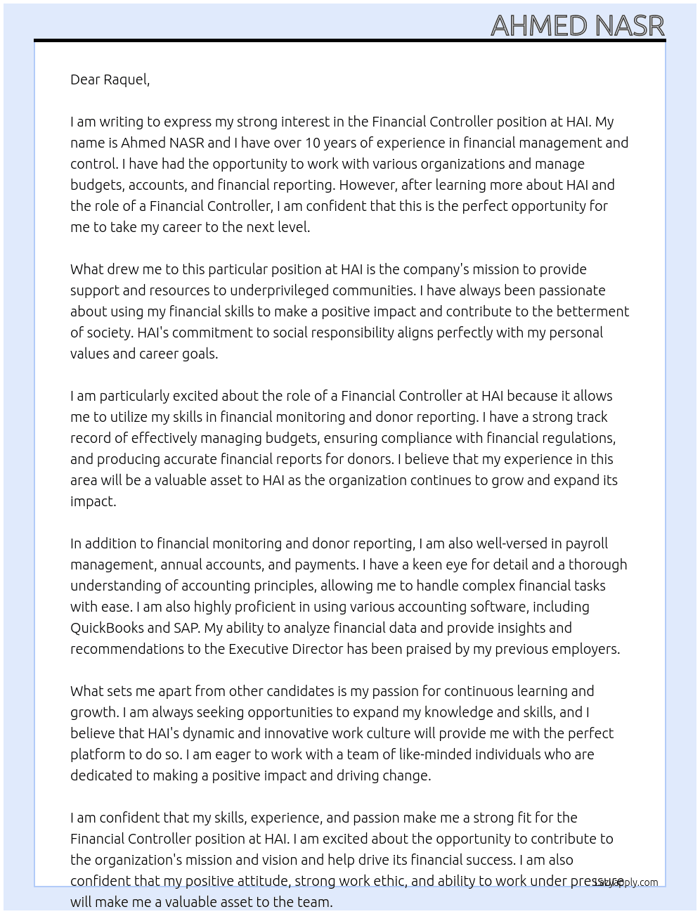 FINANCIAL CONTROLLER At HAI Cover Letter