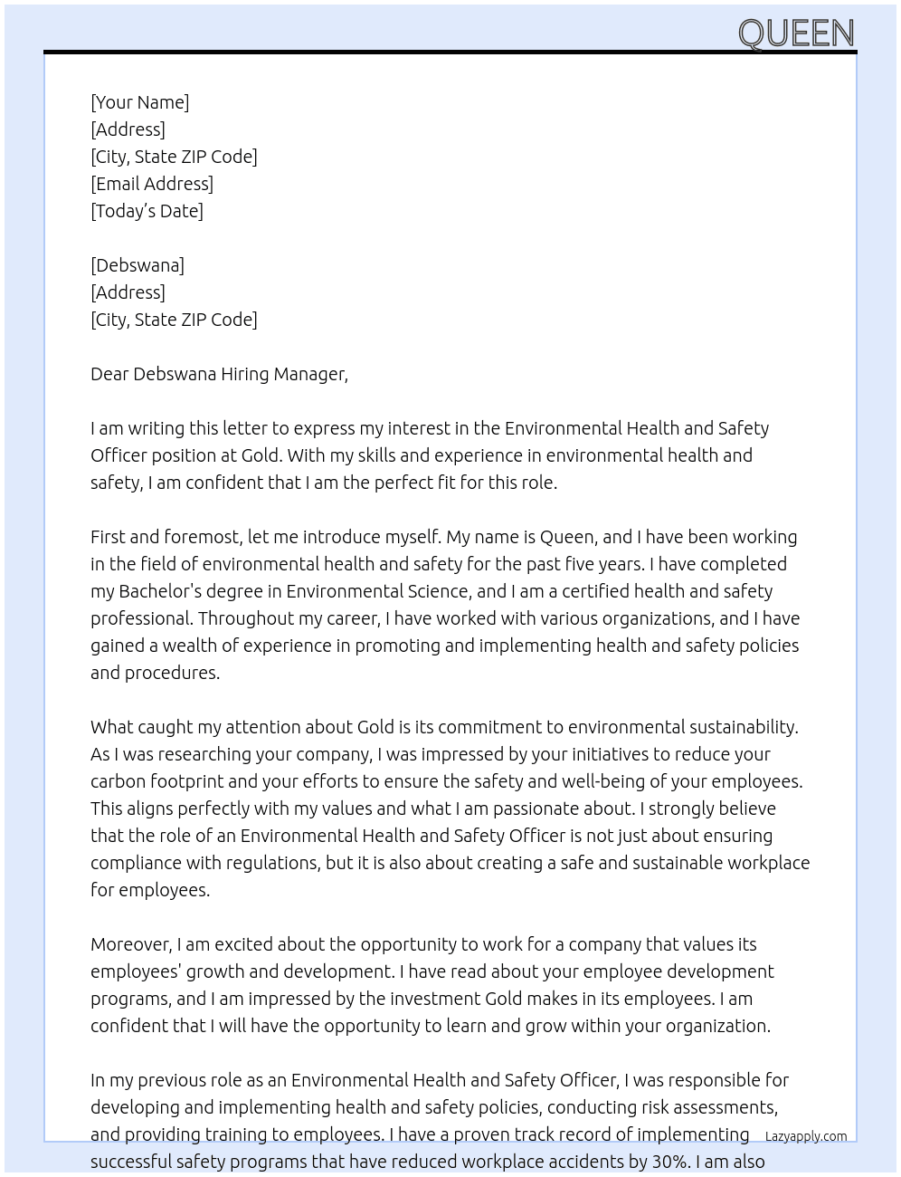 ENVIROMENTAL HEALTH AND SAFETY OFFICER At GOLD  Cover Letter