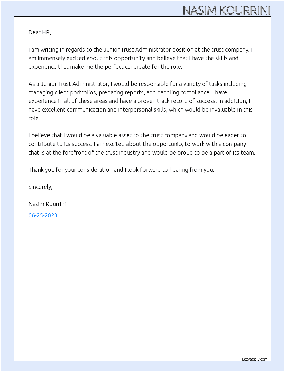 Junior Trust Administrator At trust company Cover Letter