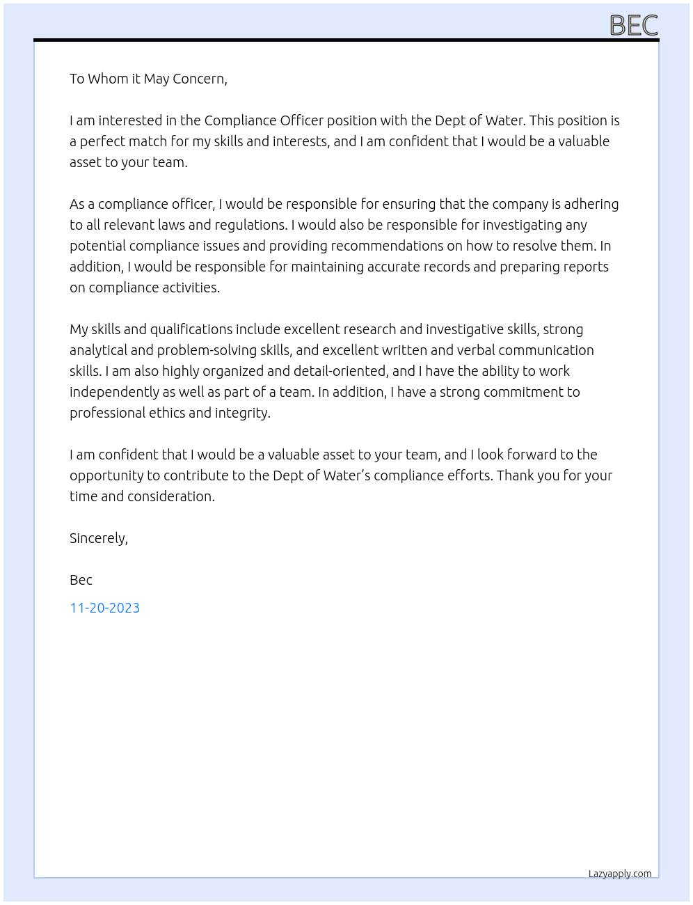 Compliance Officer At Dept of Water Cover Letter