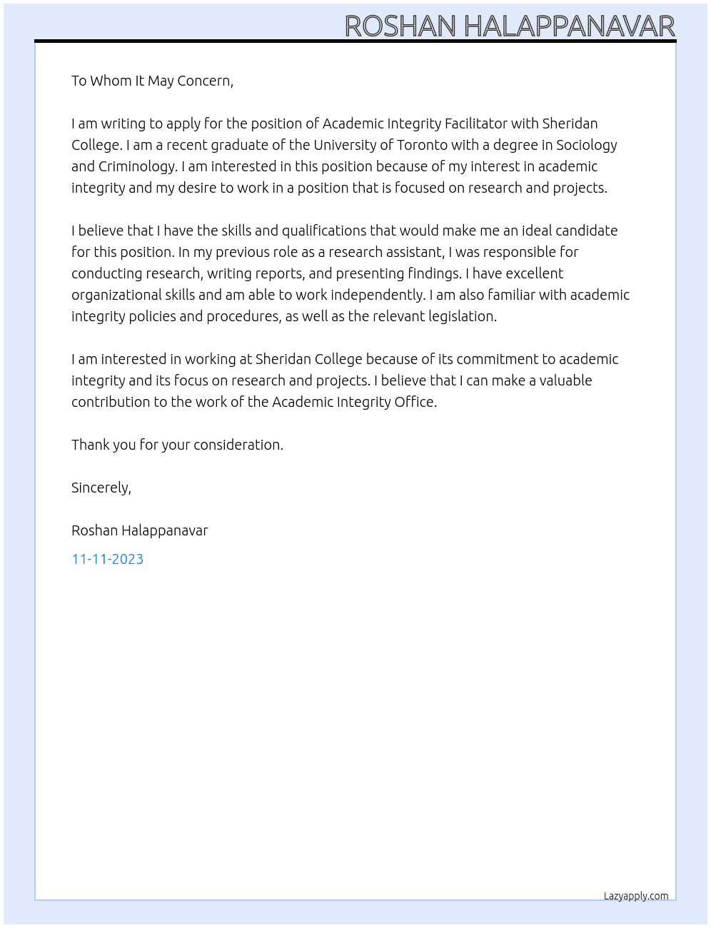 Academic Integrity Office (AIO) Research & Project Assistant  At Sheridan College Cover Letter
