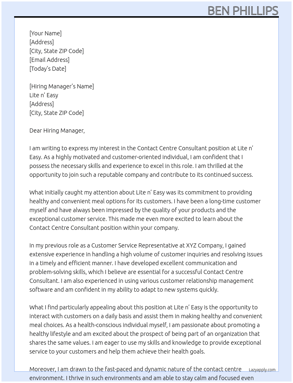 Contact Centre Consultant At Lite n’ Easy Cover Letter