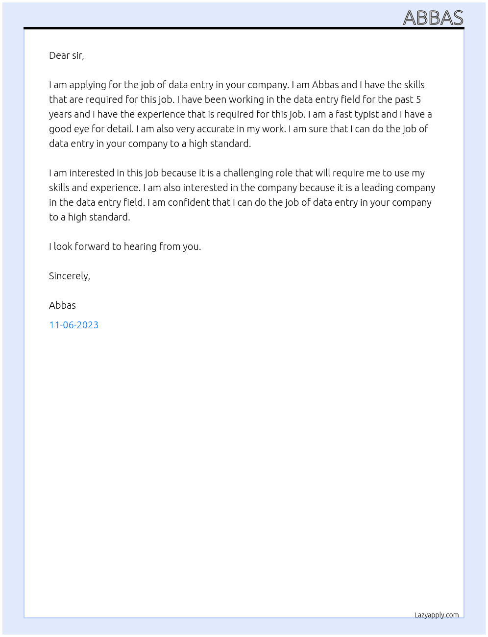 dete entry At excal Cover Letter