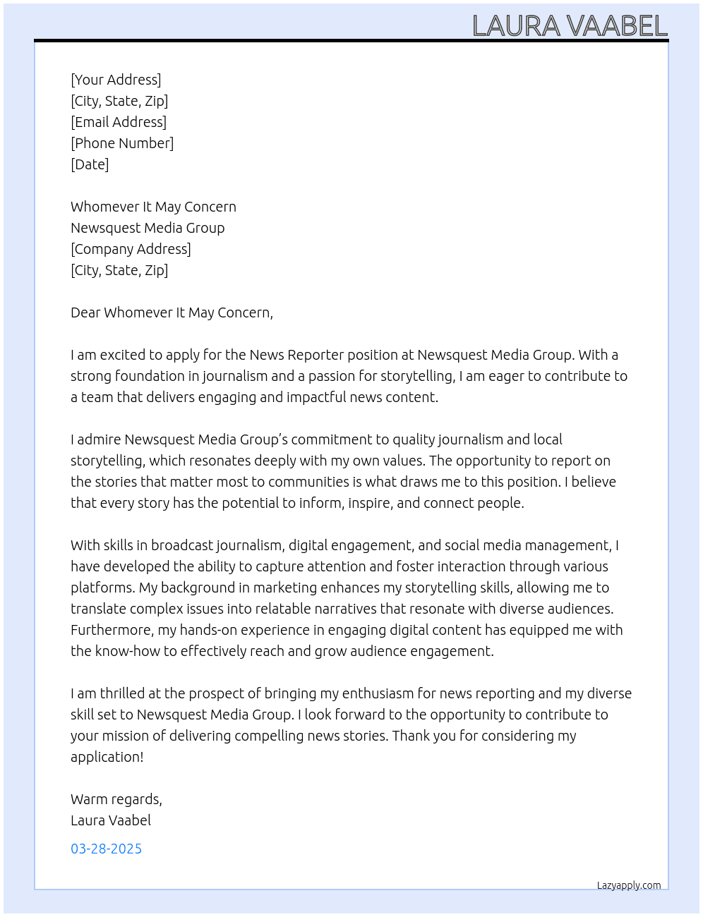 News Reporter At Newsquest Media Group Cover Letter