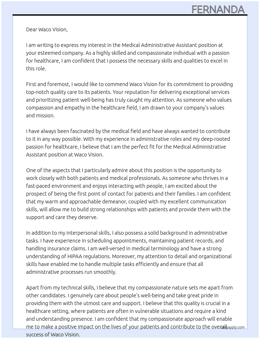 Medical Administrative Assistant At Waco Vision Cover Letter