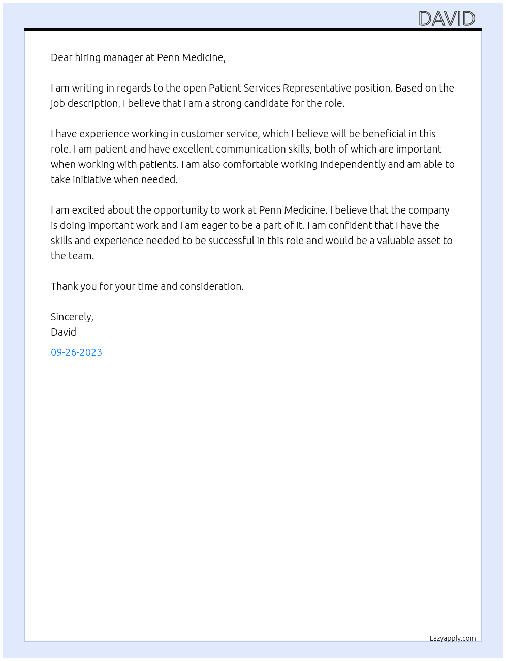 Patient Services Representative At Penn Medicine Cover Letter