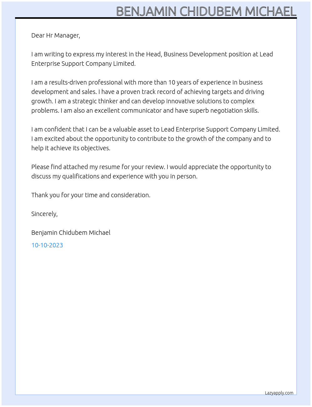 Head, Business Development At Lead Enterprise Support Company Limited Cover Letter