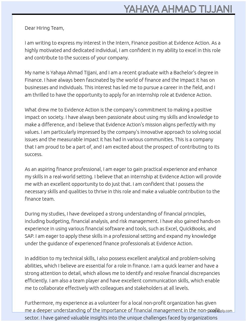 Intern, Finance At Evidence Action  Cover Letter