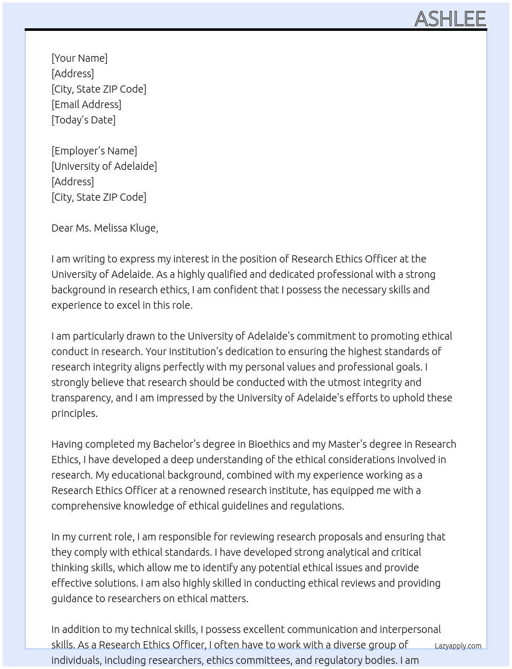 Research ethics officer At University of Adelaide Cover Letter