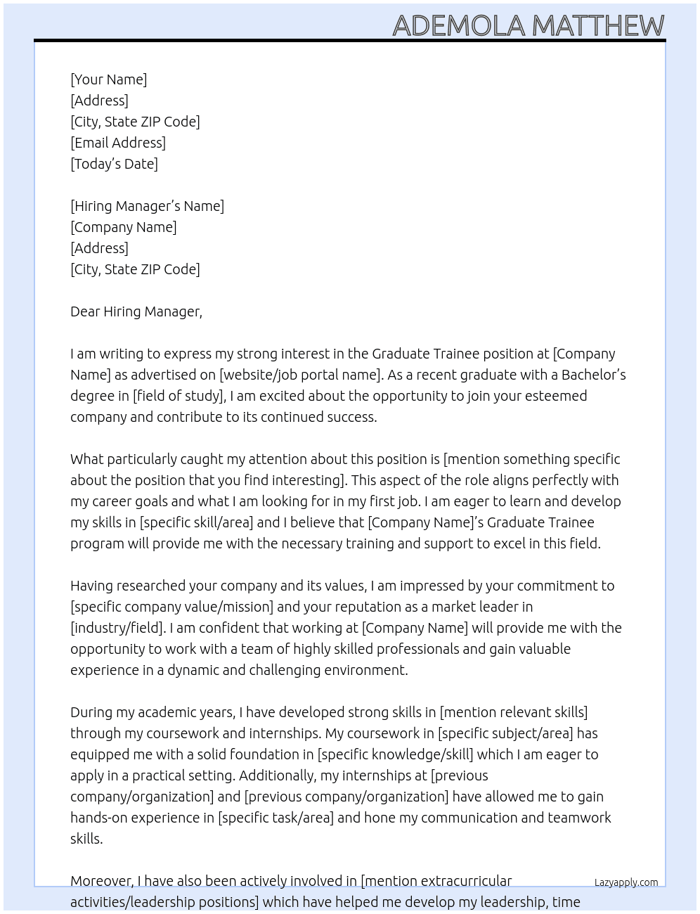 Graduate Trainee At ademolamat95@gmail.com Cover Letter