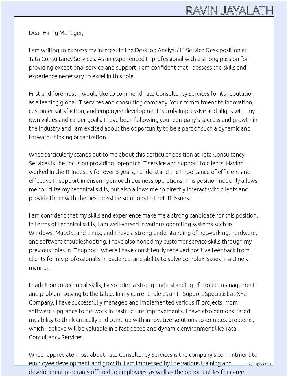 Cover letter for desktop analyst/ it service desk - LazyApply