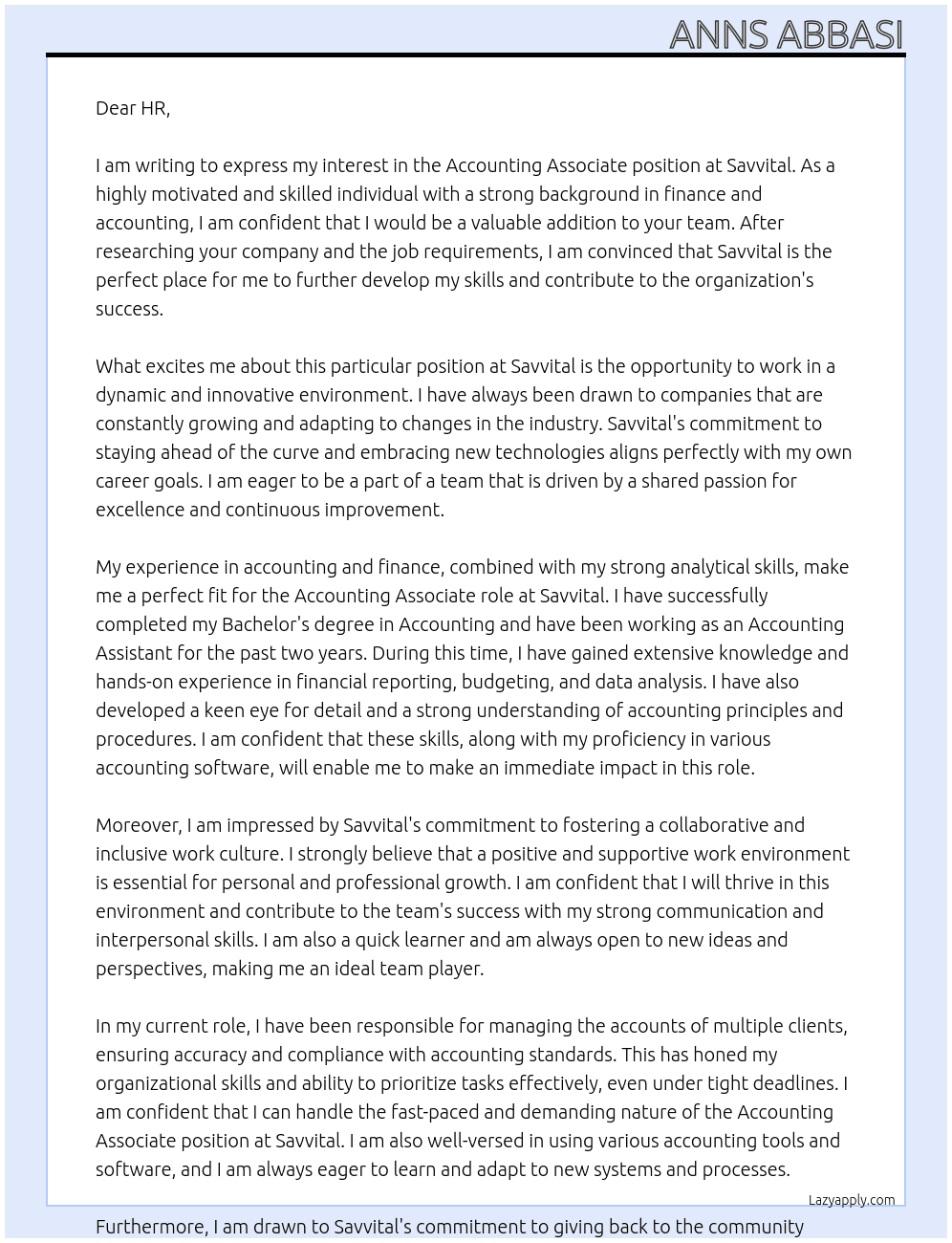 accounting assocciate At savvital Cover Letter