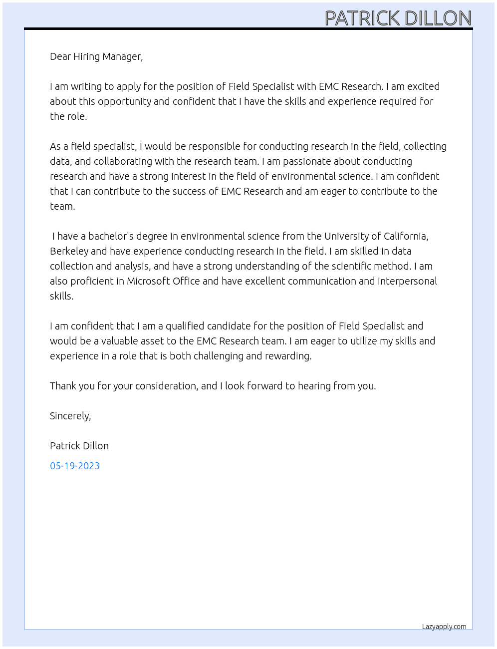 Field Specialist At EMC Research Cover Letter