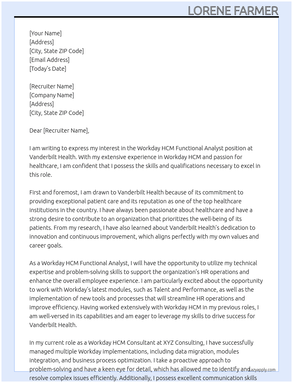 Workday HCM Functional Analyst At Vanderbilt Health Cover Letter