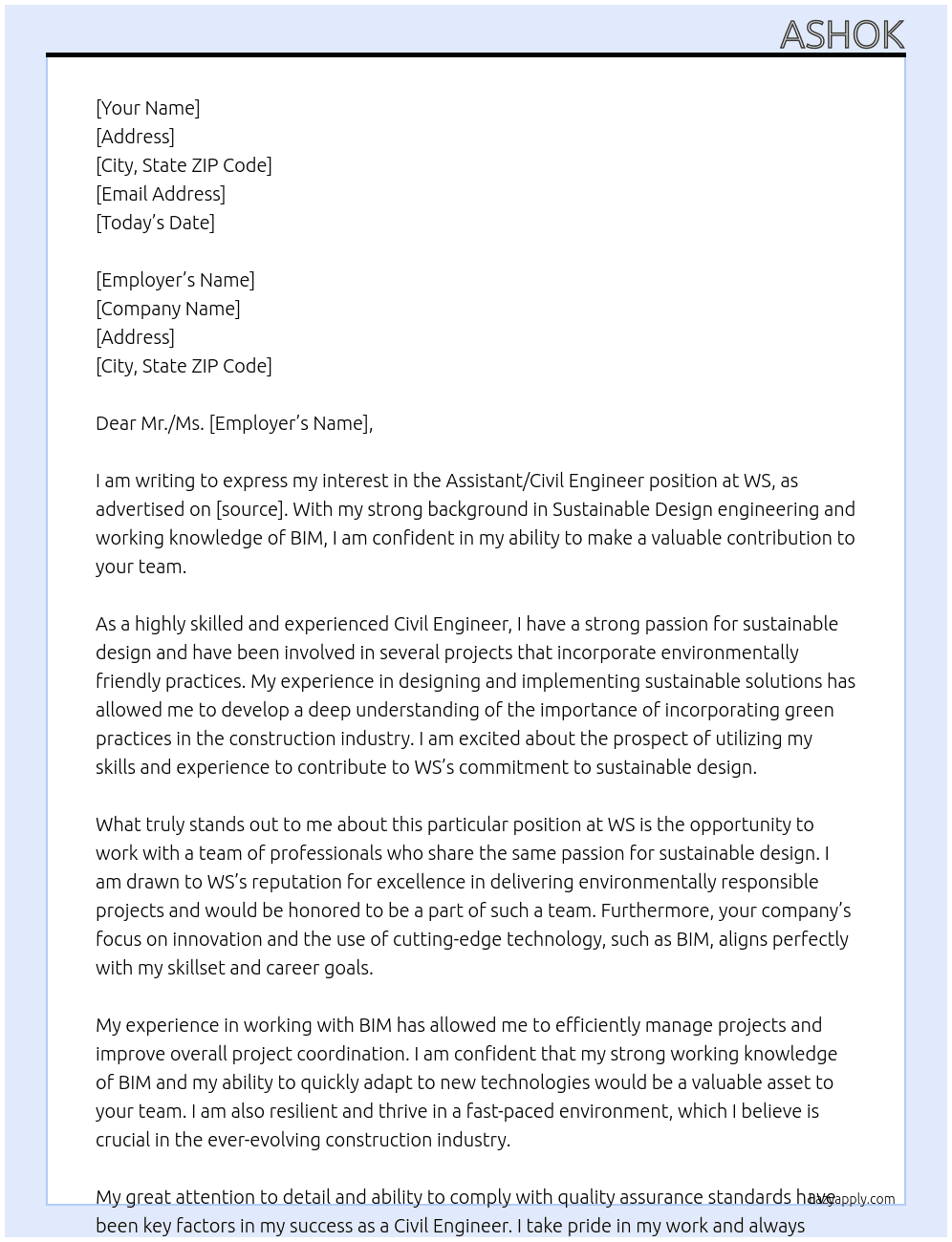 Assistant / Civil Engineer At WS Cover Letter
